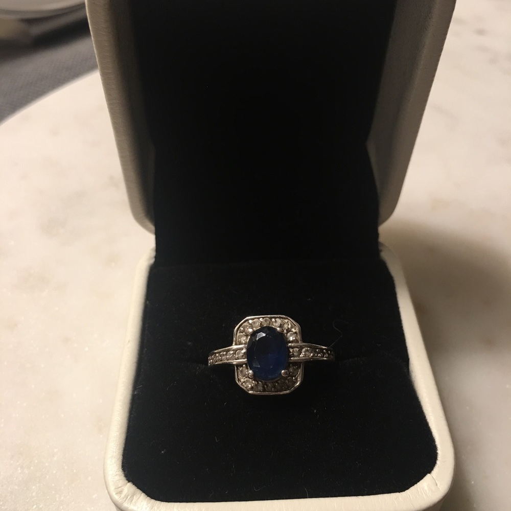Edwardian style CZ ring, blue center stone